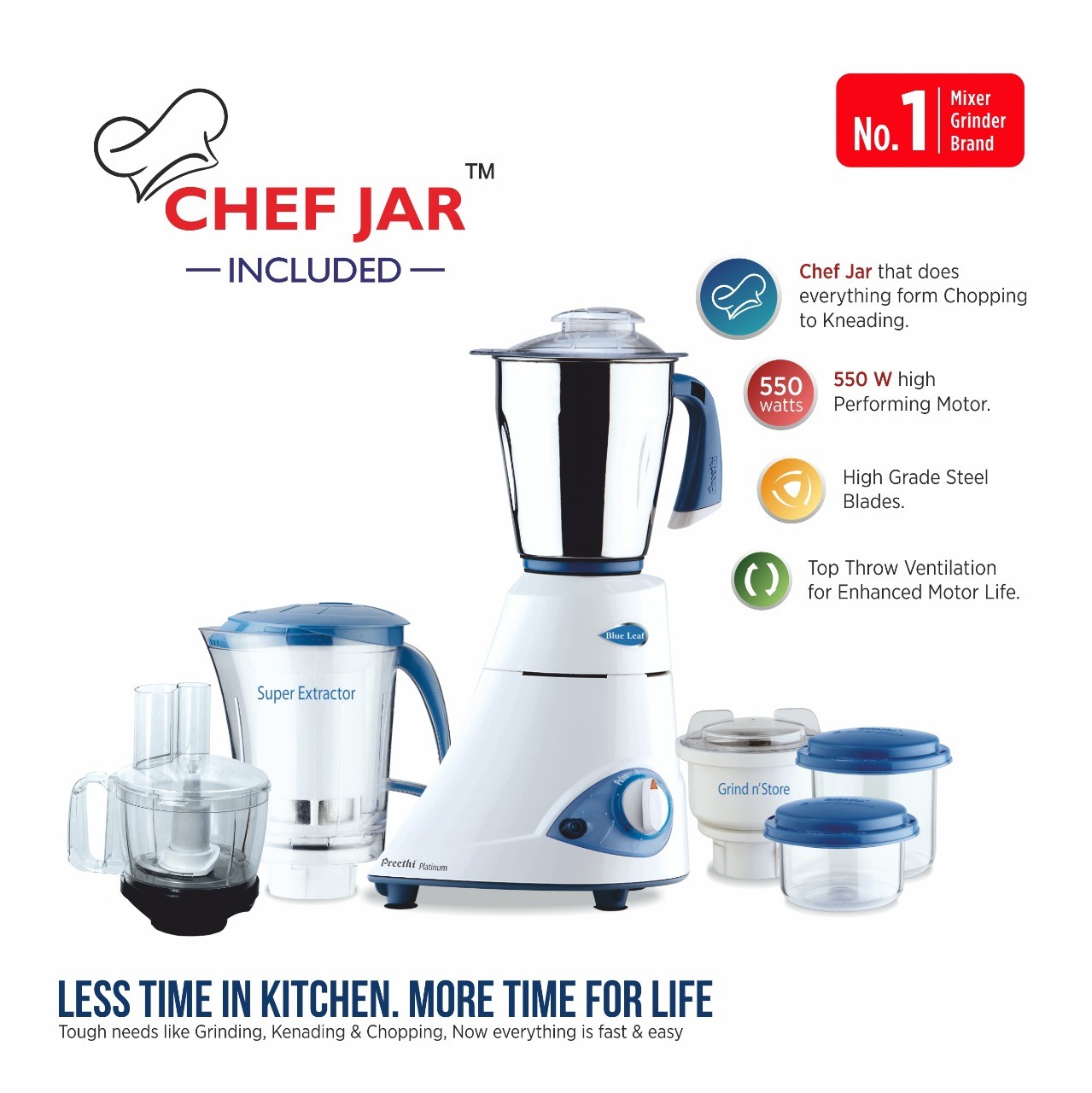 Preethi Blue Leaf Platinum Plus 110V Mixer Grinder with Chef Jar